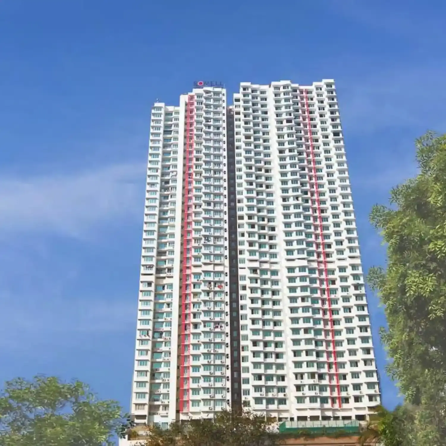 BTL activation by BrandLand at Romell Aether residential tower in Mumbai with full-height building branding installation.