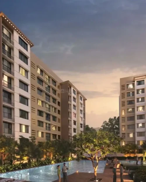 Evening BTL activation event setup by BrandLand at Lodha Eternis, Mumbai featuring illuminated residential towers and an outdoor engagement area.