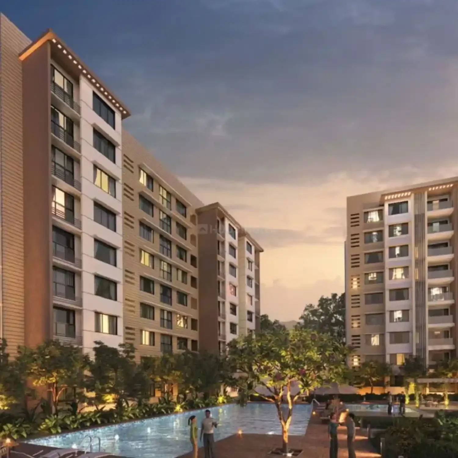 Evening BTL activation event setup by BrandLand at Lodha Eternis, Mumbai featuring illuminated residential towers and an outdoor engagement area.