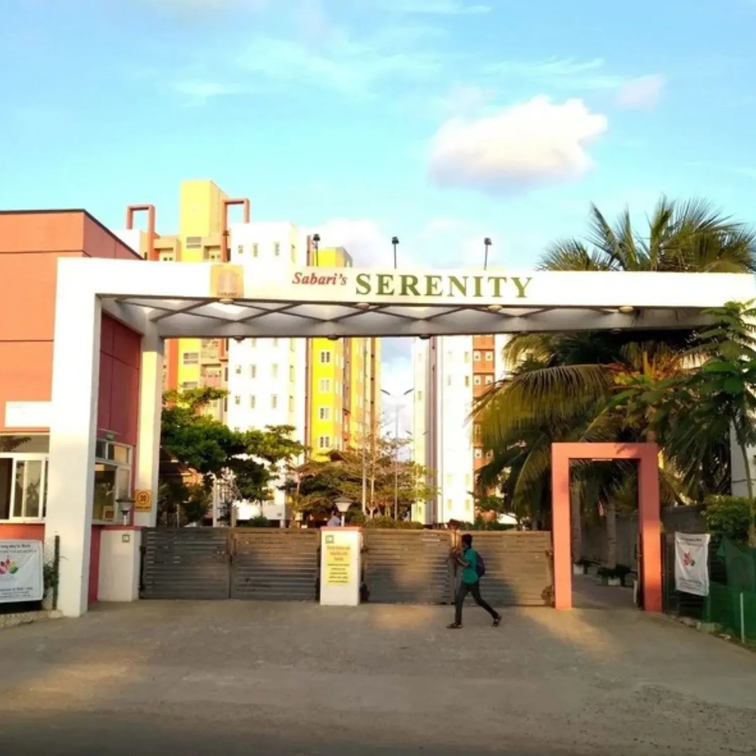 BTL activation setup at Sabari Serenity entrance in Chennai with branded kiosk and promotional display by BrandLand.