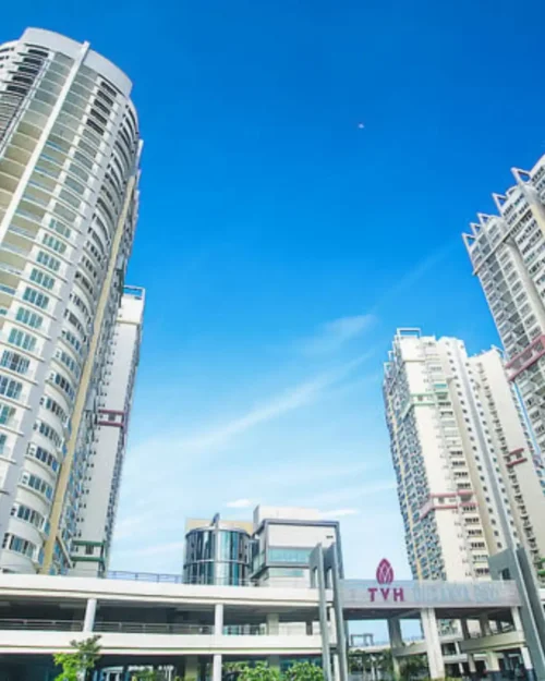 BTL activation setup by BrandLand at TVH Ouranya Bay Chennai featuring branded promotional installation against modern high-rise backdrop.