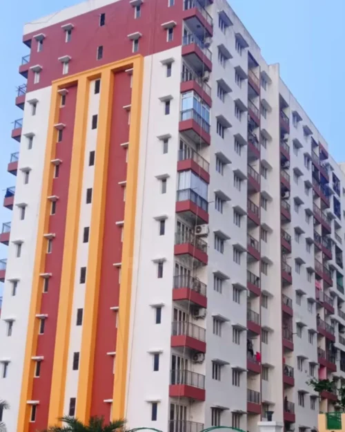 BTL activation setup by BrandLand at a residential apartment complex featuring vibrant branding and on-ground promotional engagement.