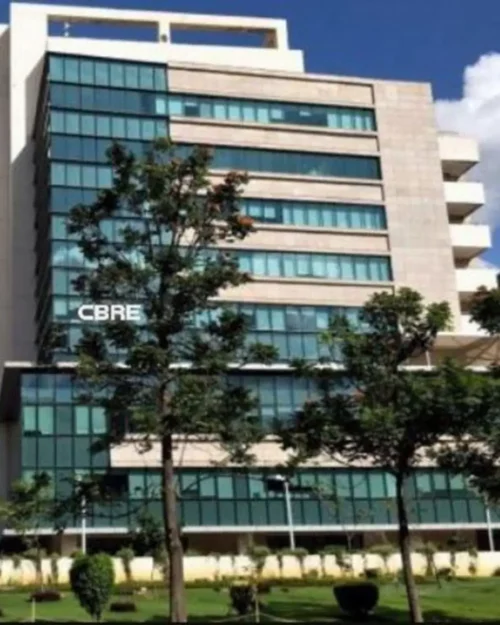 BTL activation setup by BrandLand at a modern corporate business park with branded display elements and promotional engagement area.